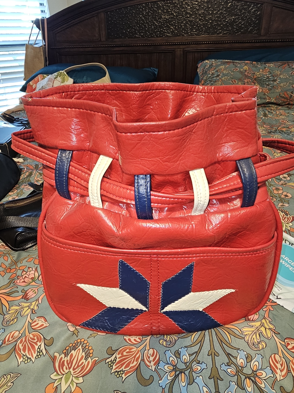 Retro 1960-1970 Red Bucket Tote Bag with Blue & White Accent